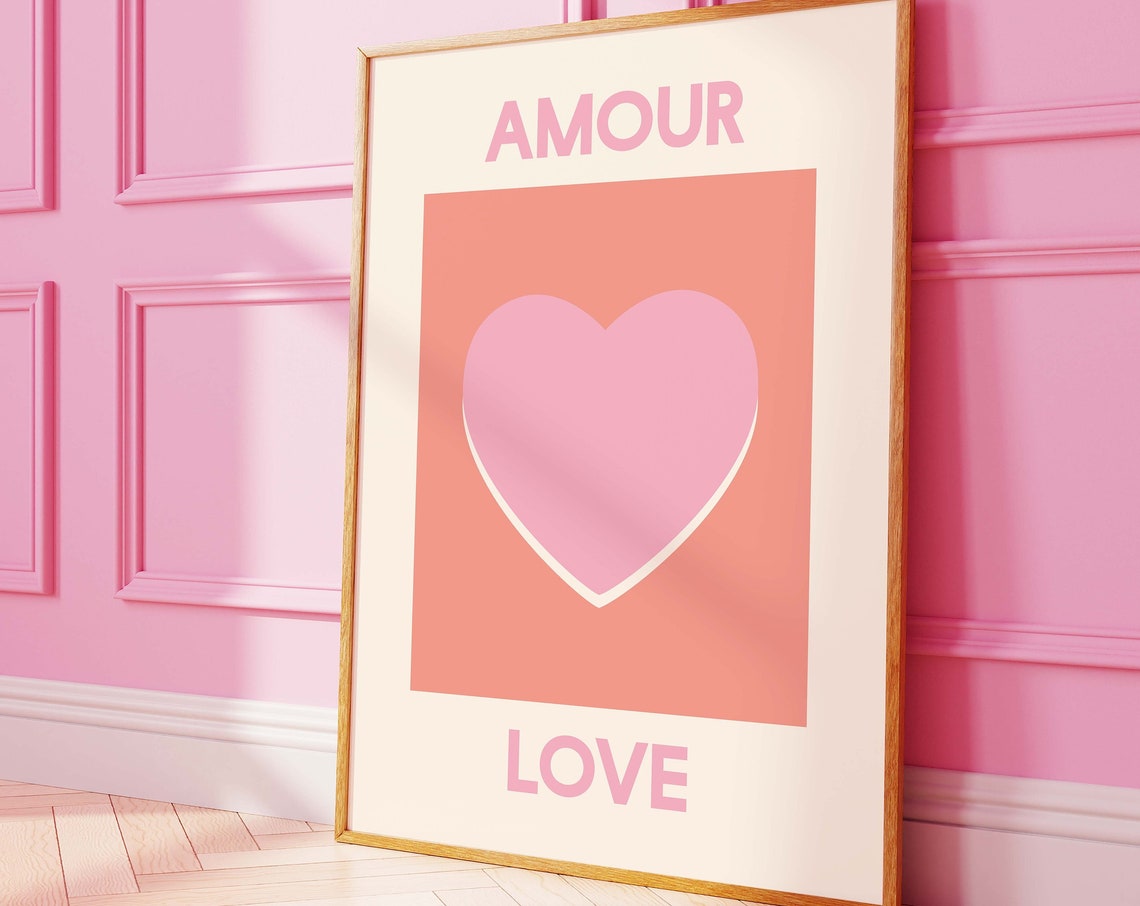 Amour Love Print Art Pink Heart Wall Art Cute Trendy Wall Art