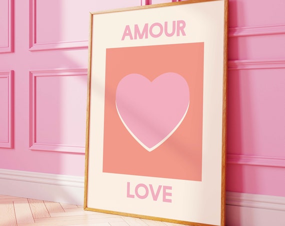 Amour Love Print Art Pink Heart Wall Art Cute Trendy Wall Art