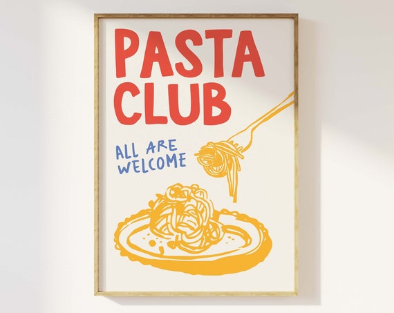 Pasta Club Print Art Cute Kitchen Decor Pasta Art Print Trendy Foodie Wall Art Spaghetti Poster