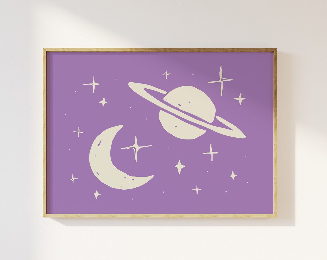 Purple Outer Space Illustration With Saturn Moon And Stars Wall Decor Poster