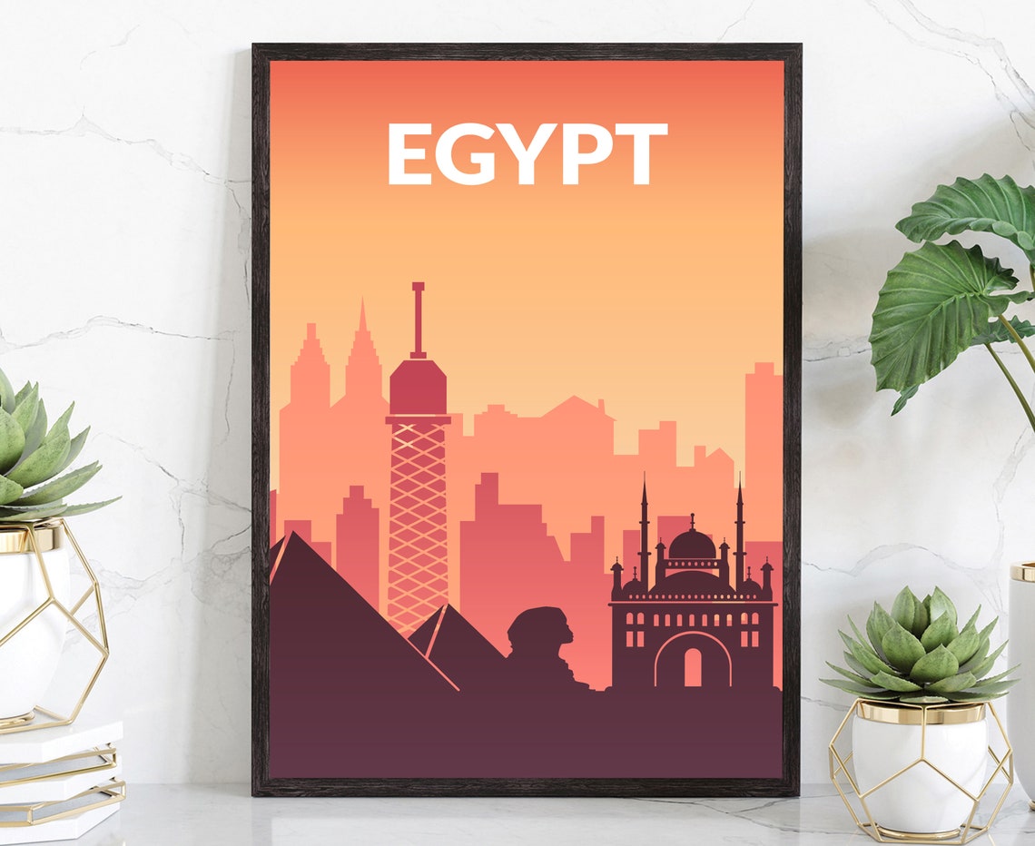 Egypt Pyramids Sphinx Sunset Skyline Minimalist Orange Gradient Poster