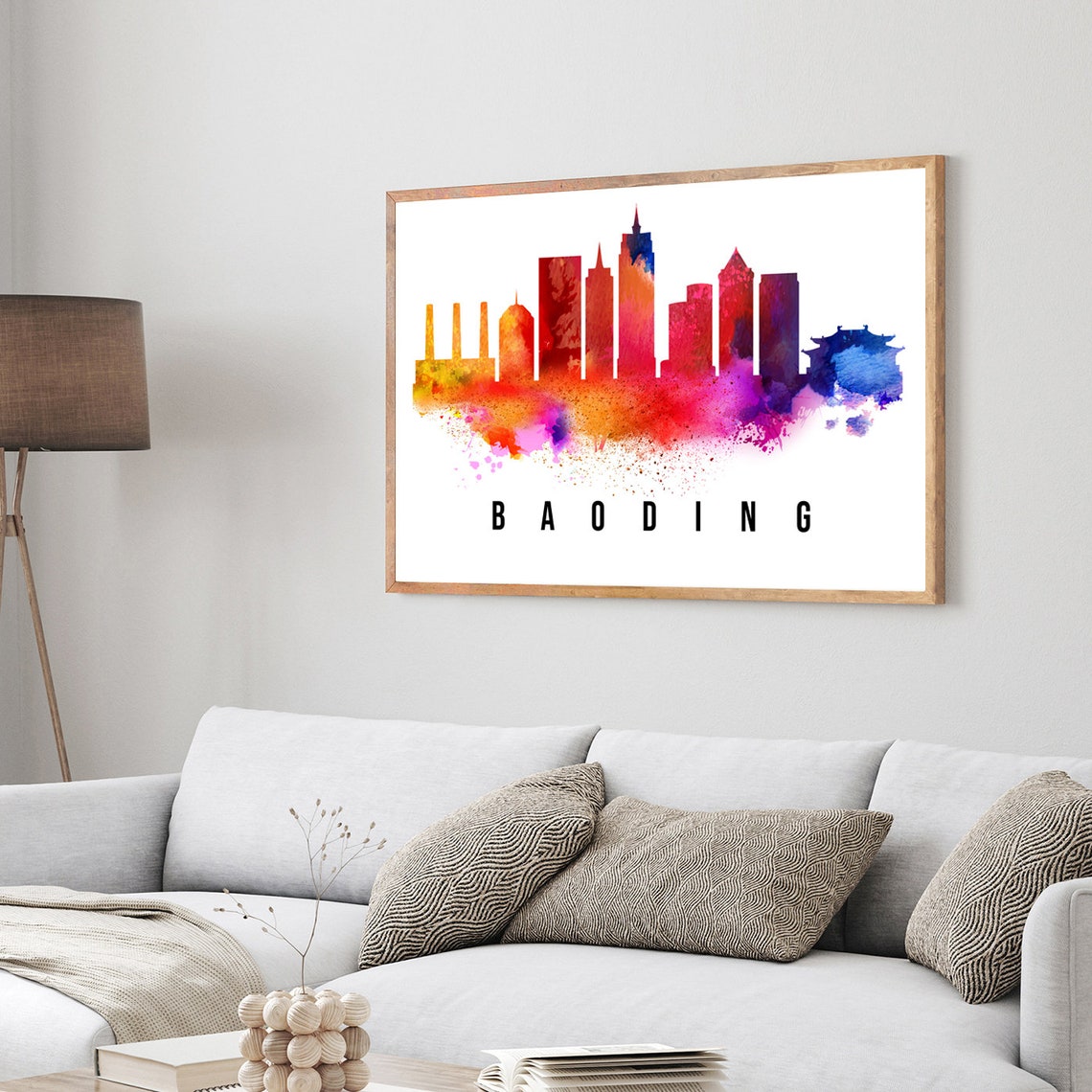 Baoding China Watercolor Skyline Rainbow Landmark City Travel Poster - Image 3
