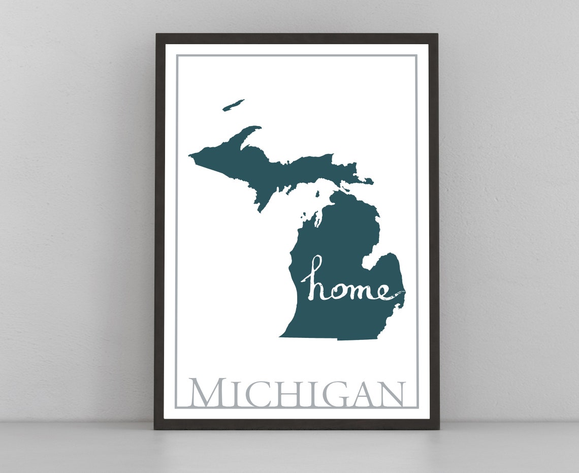Michigan State Silhouette Home Script Teal Map Modern Travel Poster