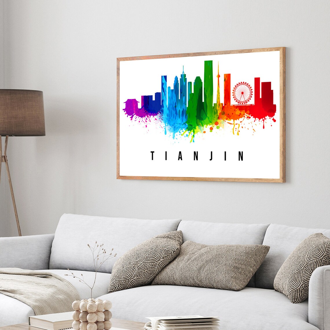 Tianjin China Rainbow Watercolor Skyline Ferris Wheel Travel Poster - Image 3