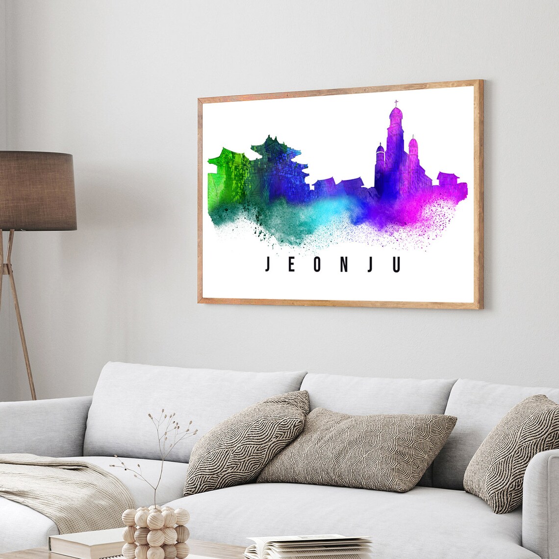 Jeonju South Korea Rainbow Watercolor Historic Temple Skyline Poster - Image 3