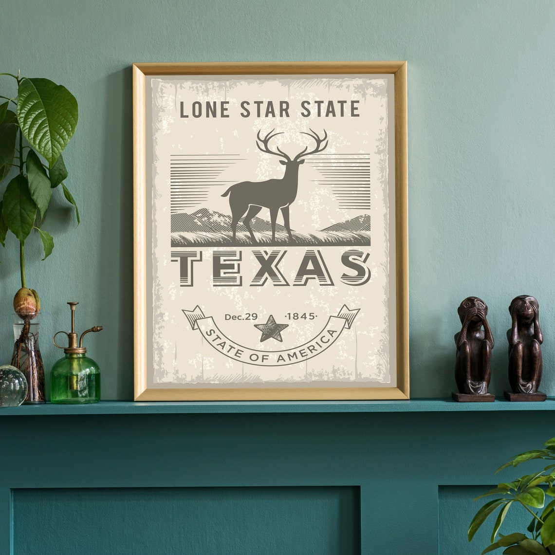 Texas Lone Star State Deer Silhouette Vintage Retro Travel Poster - Image 3