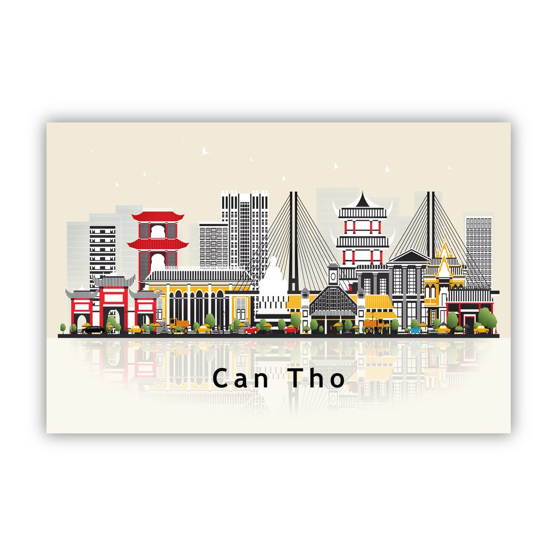 Can Tho Vietnam Cable Bridge Pagoda Skyline Illustration Travel Poster - Image 2