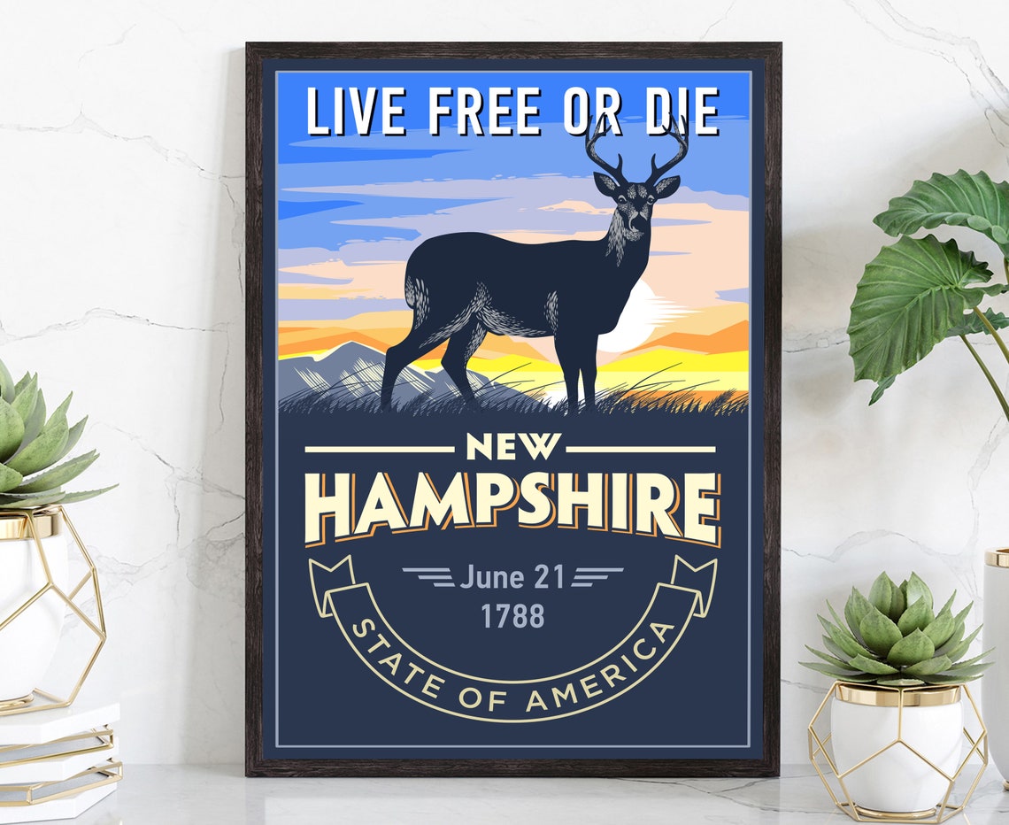 New Hampshire Live Free Or Die Deer Sunset Vintage Travel Poster