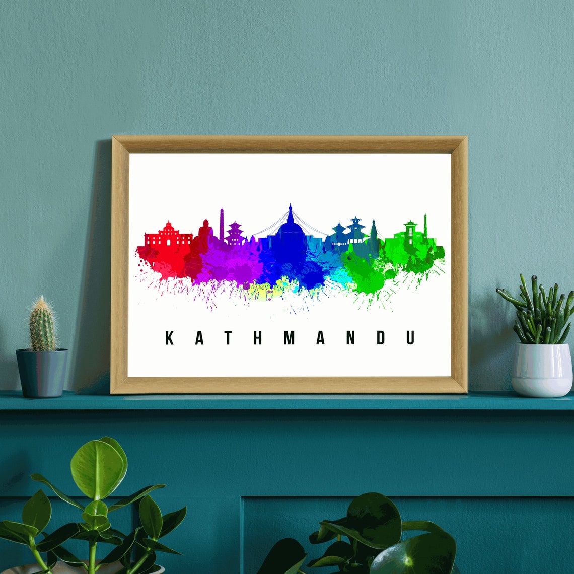 Kathmandu Nepal Stupas Temples Rainbow Watercolor Skyline Poster - Image 3