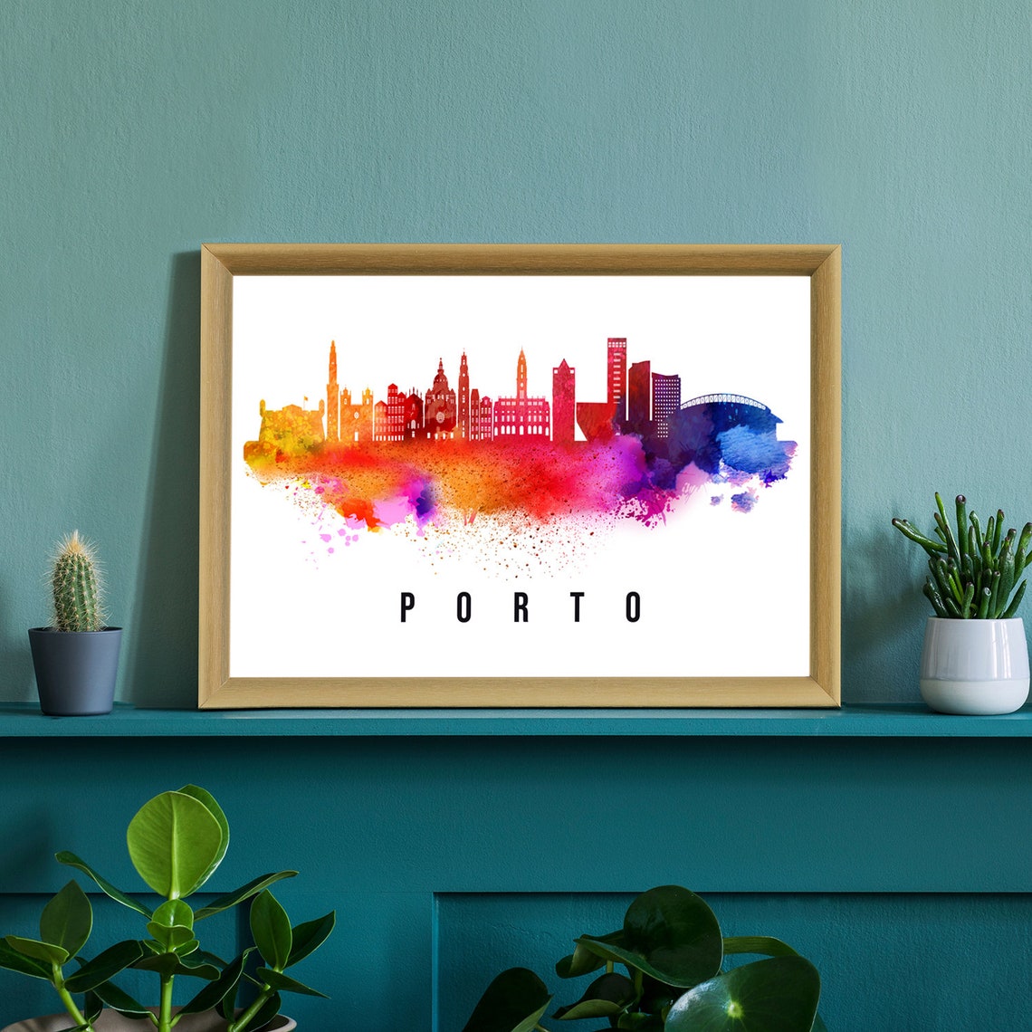 Porto Portugal Rainbow Watercolor Skyline Bridge Towers Poster - Image 2