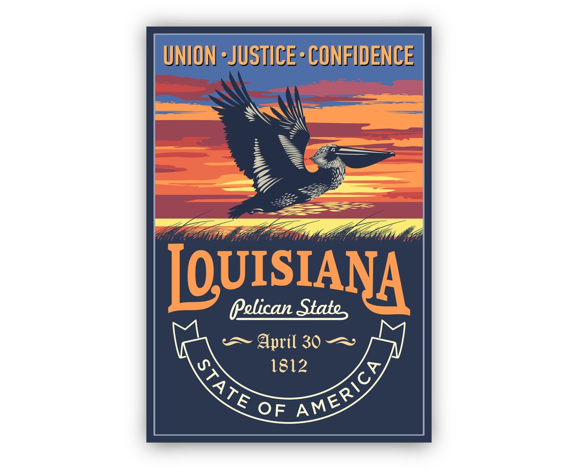 Louisiana Pelican State Retro Sunset State Emblem Travel Poster - Image 2
