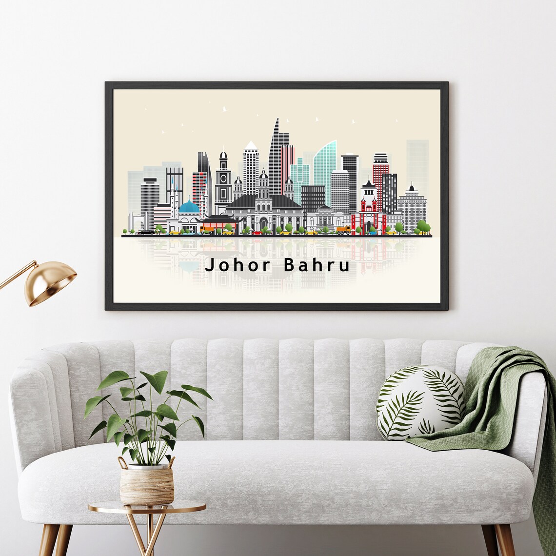 Johor Bahru Malaysia City Skyline Flat Vector Modern Travel Poster