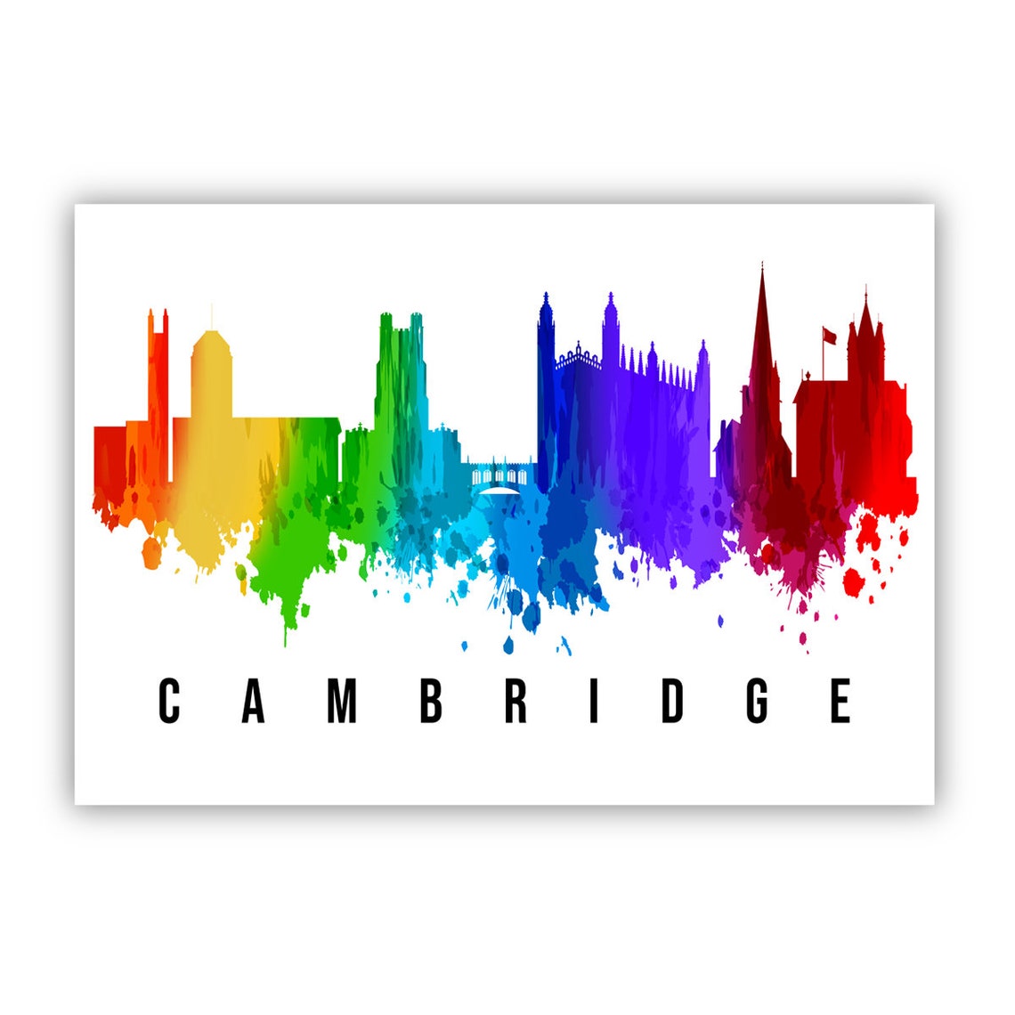 Cambridge England Rainbow Watercolor Skyline College Spires Art Poster - Image 2