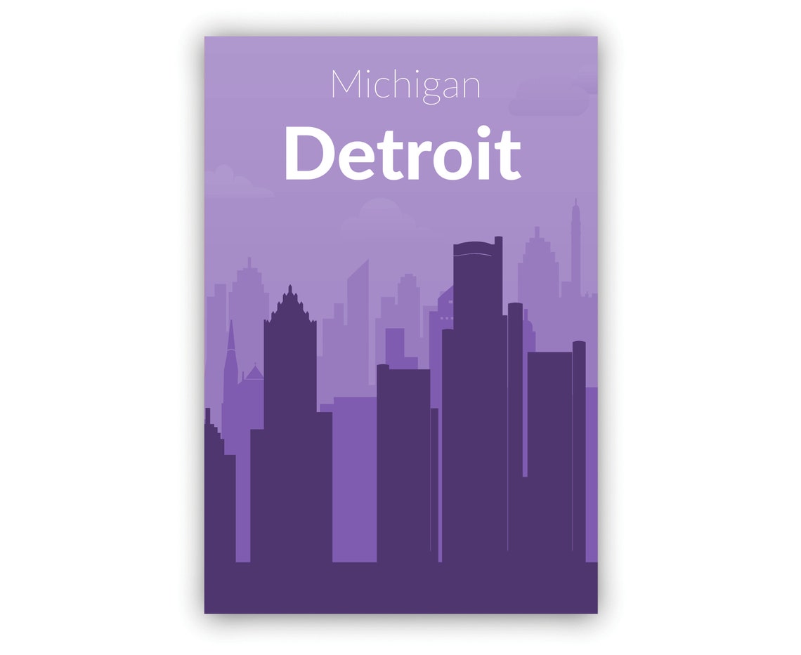 Detroit Michigan Purple Solid Color Modern Skyline Travel Poster - Image 2