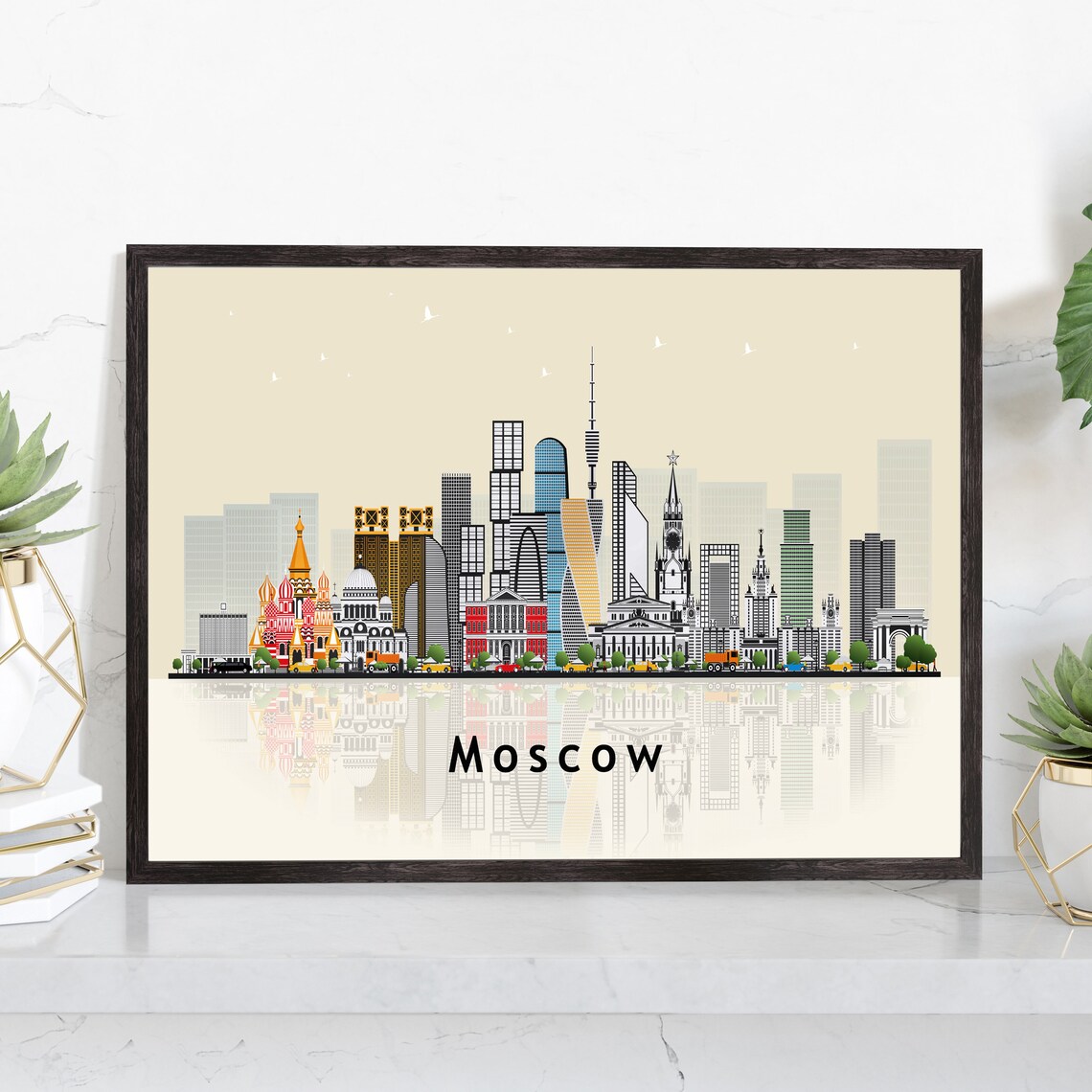 Moscow Russia Skyline Flat Illustration St Basils Cathedral Art Poster