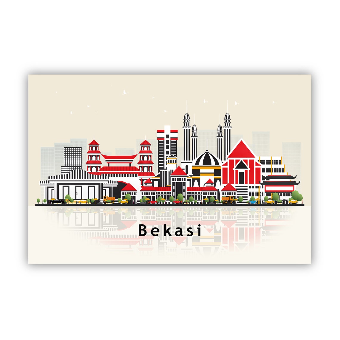 Bekasi Indonesia Red Rooftops Skyline Illustration Reflection Poster - Image 2