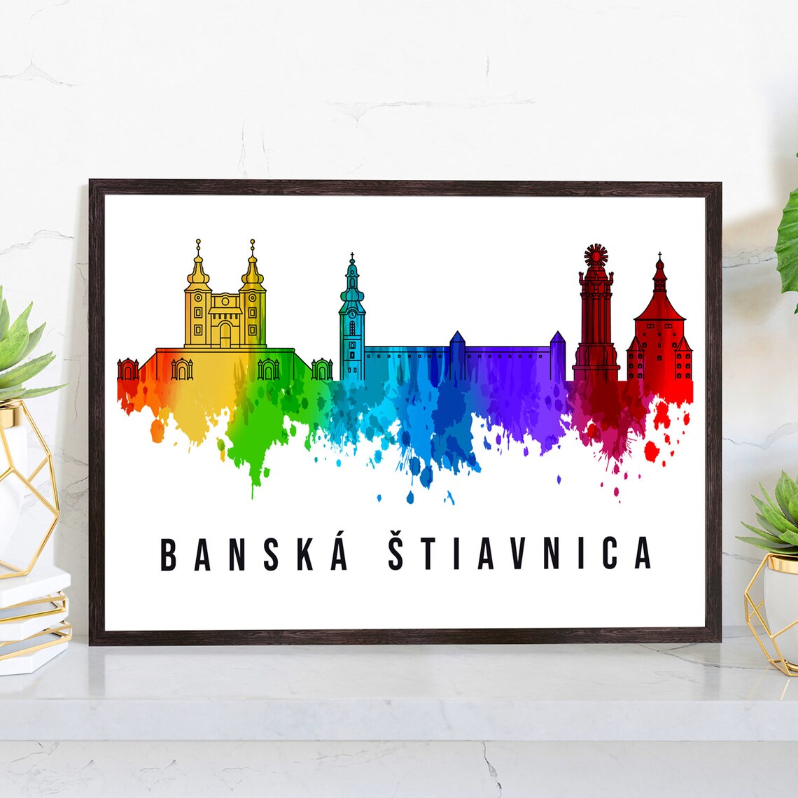 Banska Stiavnica Slovakia Watercolor Rainbow Old Town Skyline Poster