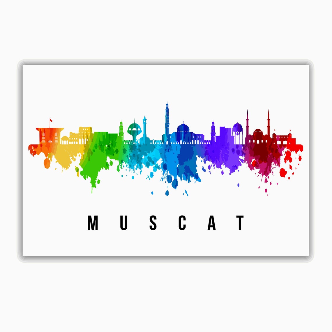 Muscat Oman Mosque Domes Rainbow Watercolor Skyline Travel Poster - Image 2
