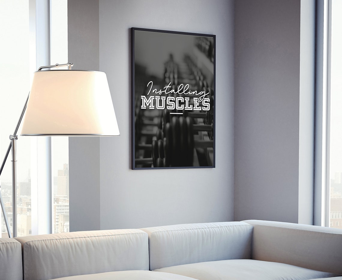 Installing Muscles Gym Motivation Quote Poster Black White Dumbbells - Image 4