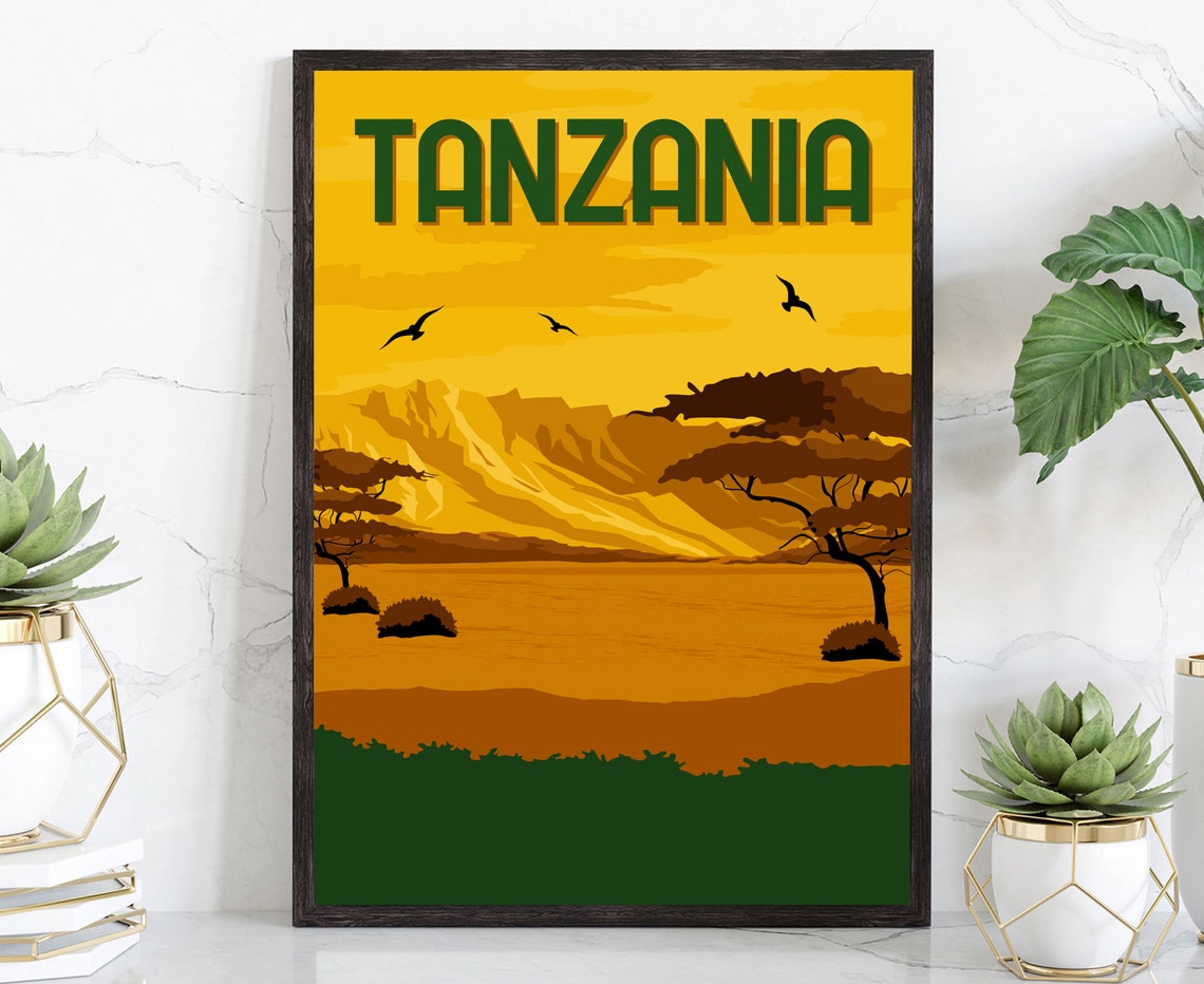 Tanzania Retro Safari Savanna Acacia Trees Sunset Travel Poster