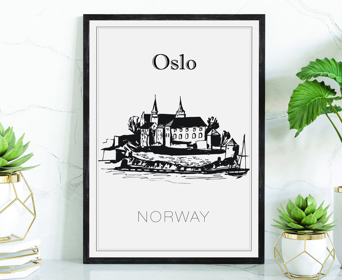 Oslo Norway Hand Drawn Waterfront Sketch Minimalist Travel Poster