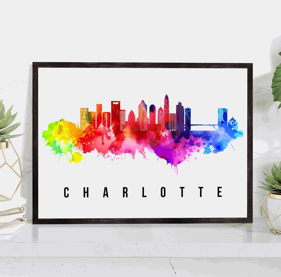 Charlotte North Carolina Rainbow Watercolor City Skyline Poster