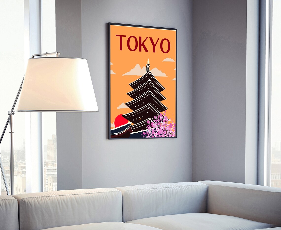 Tokyo Five Story Pagoda Cherry Blossoms Rising Sun Retro Travel Poster - Image 4