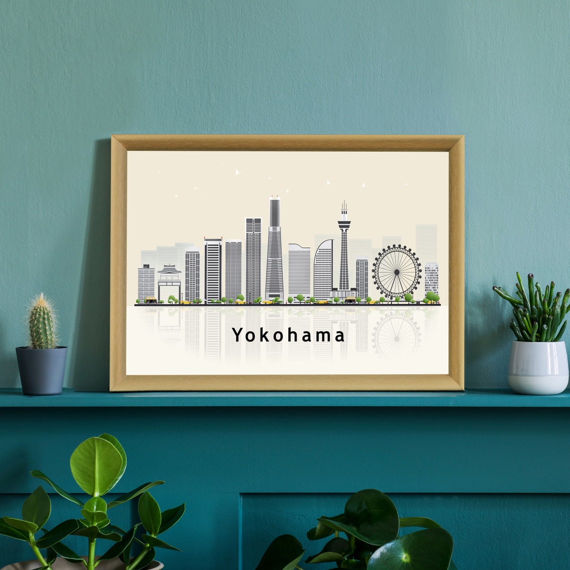 Yokohama Japan City Skyline Ferris Wheel Flat Vector Travel Poster - Image 3
