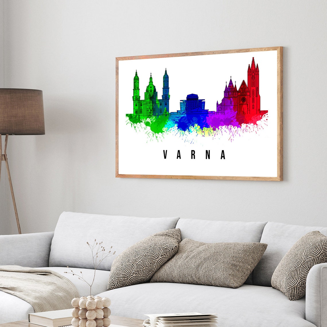 Varna Bulgaria Watercolor Skyline Rainbow Landmark Travel Wall Poster - Image 3
