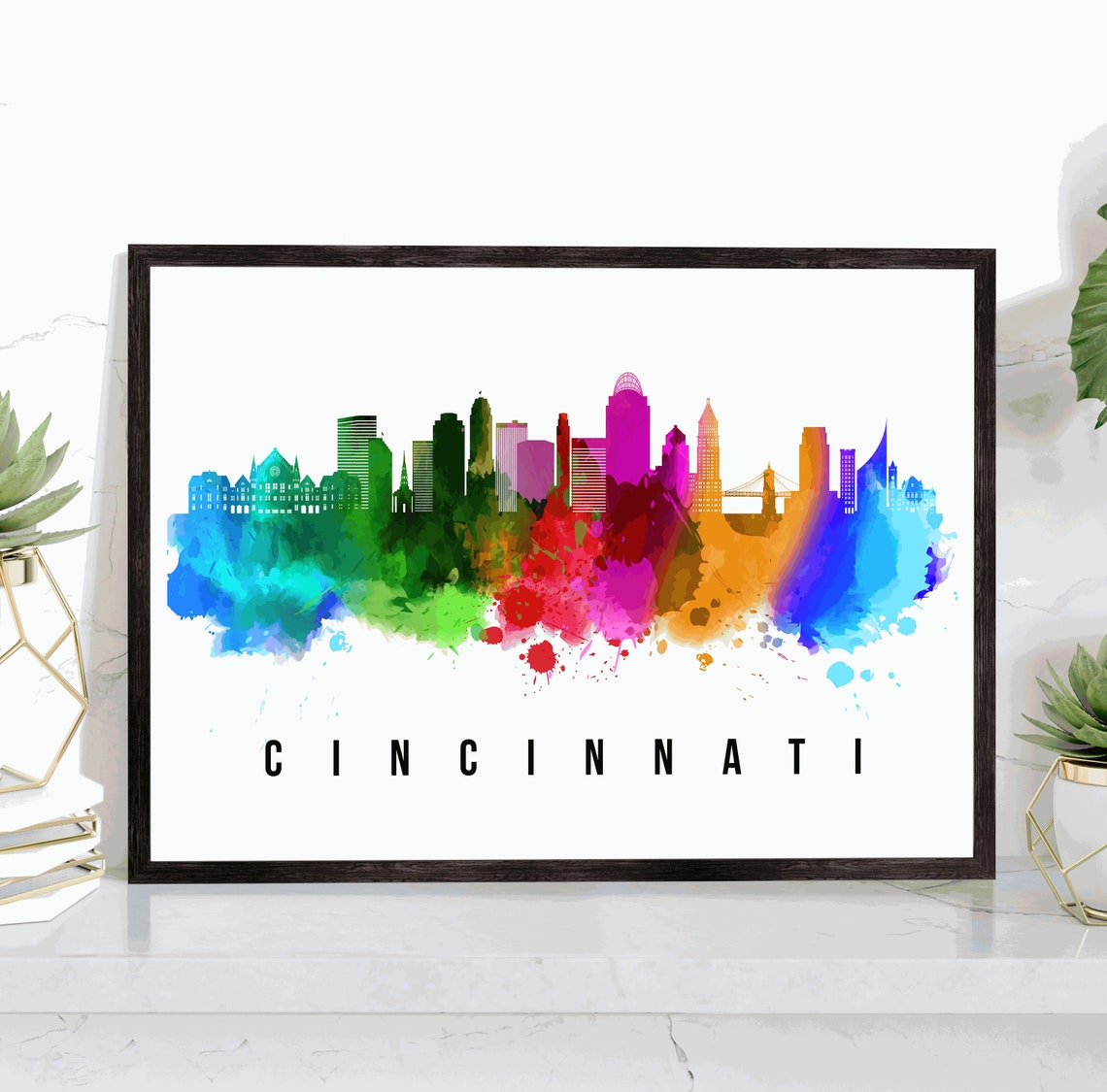 Cincinnati Ohio Watercolor Rainbow Skyline Cityscape Art Poster