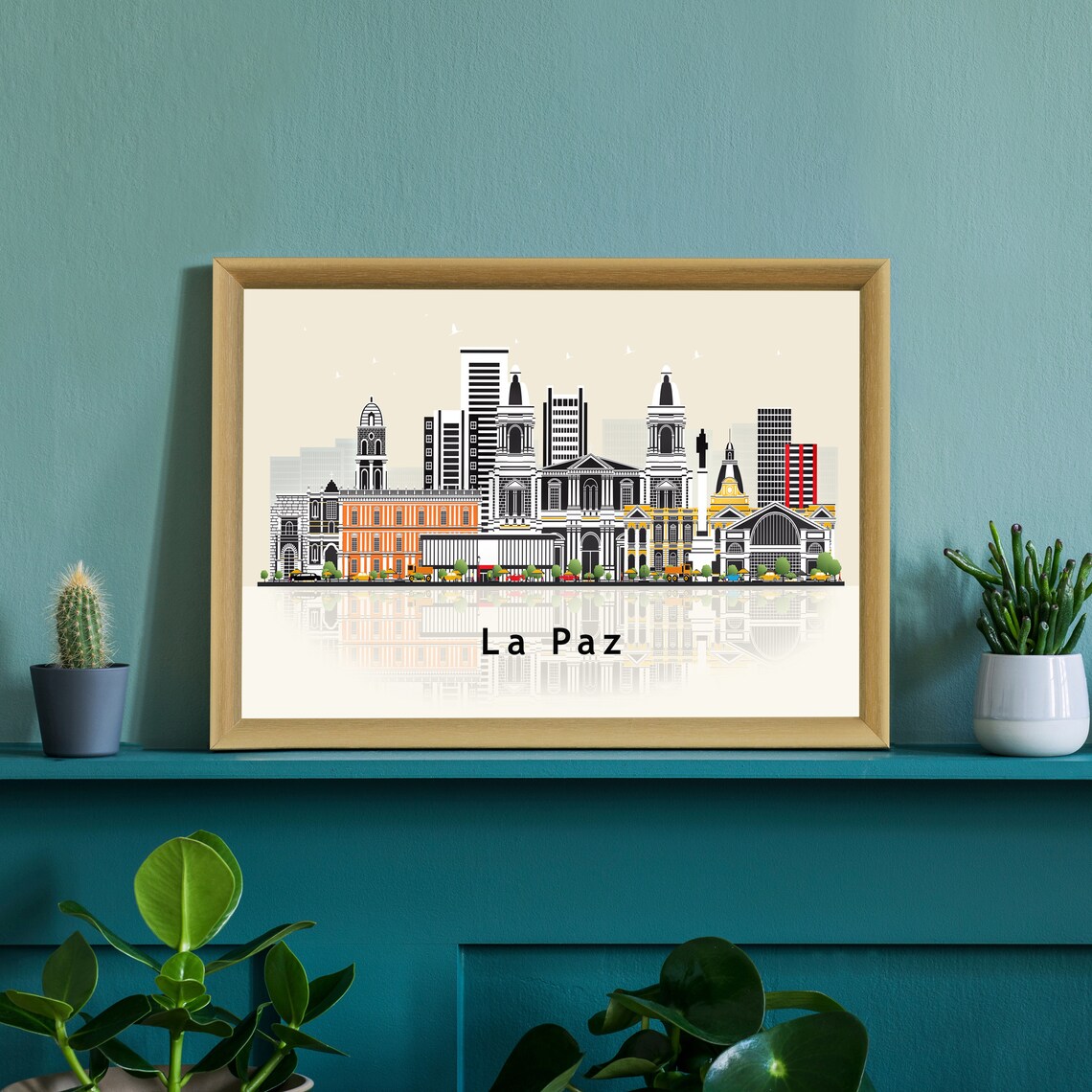 La Paz Bolivia City Skyline Reflection Illustration Travel Poster - Image 2