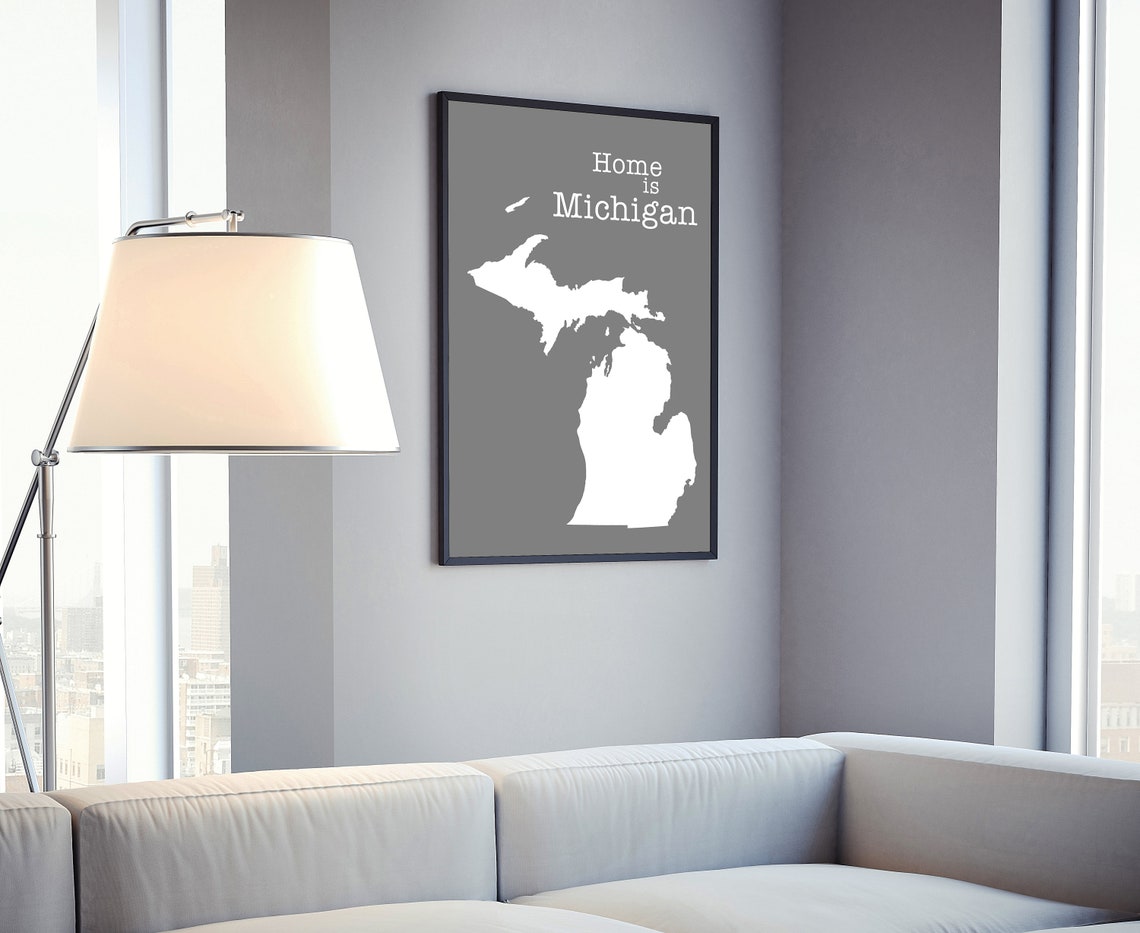 Michigan Home Is Michigan White On Gray Minimalist Map Wall Art Print - Image 4