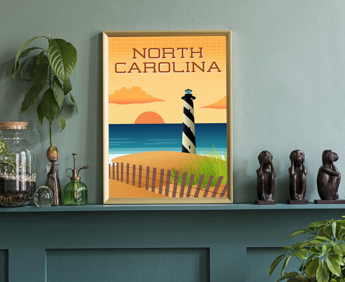 North Carolina Lighthouse Sunset Beach Dunes Retro Travel Poster - Image 3