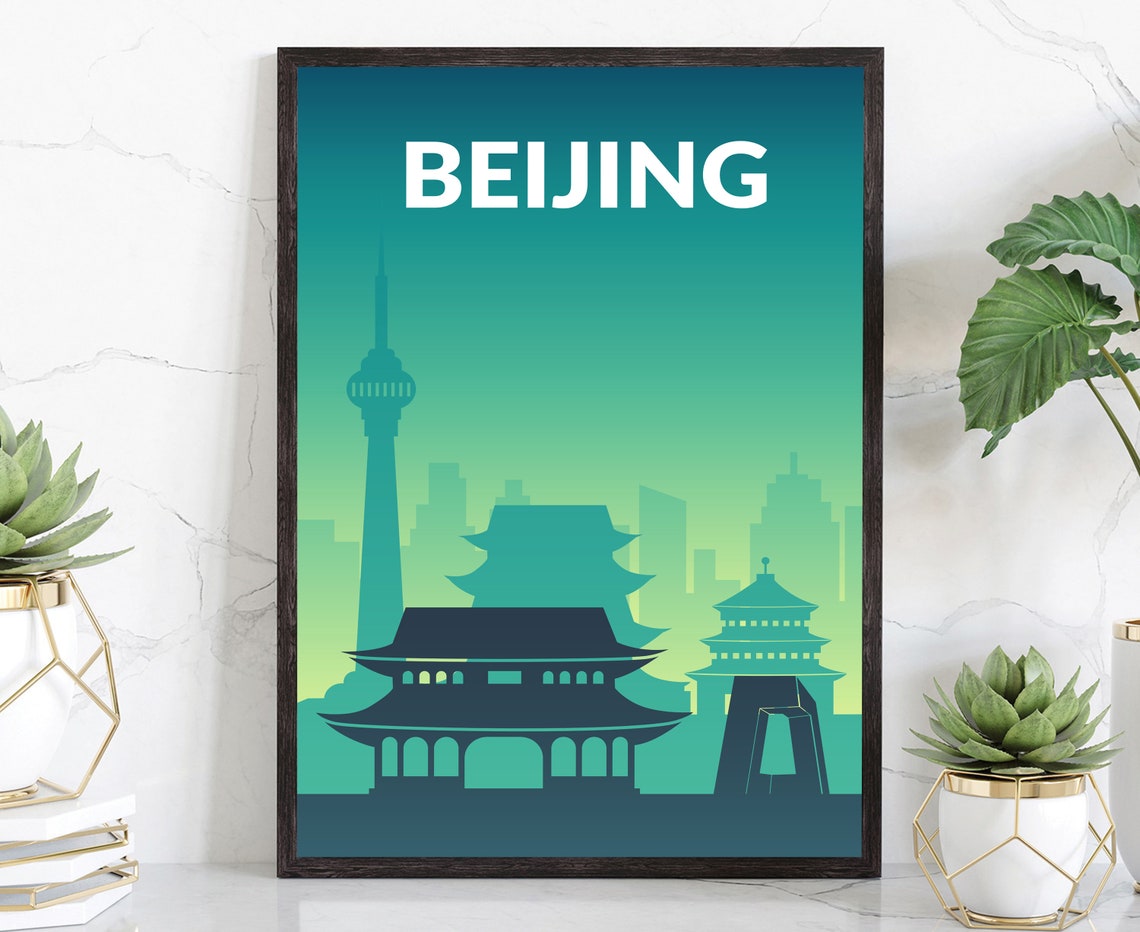 Beijing China Pagoda Tower Skyline Teal Minimalist Travel Poster Art