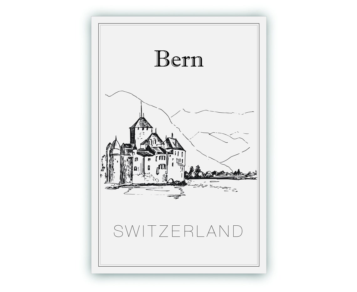Bern Switzerland Historic Old Town Towers Church Rooftop Sketch Poster - Image 2