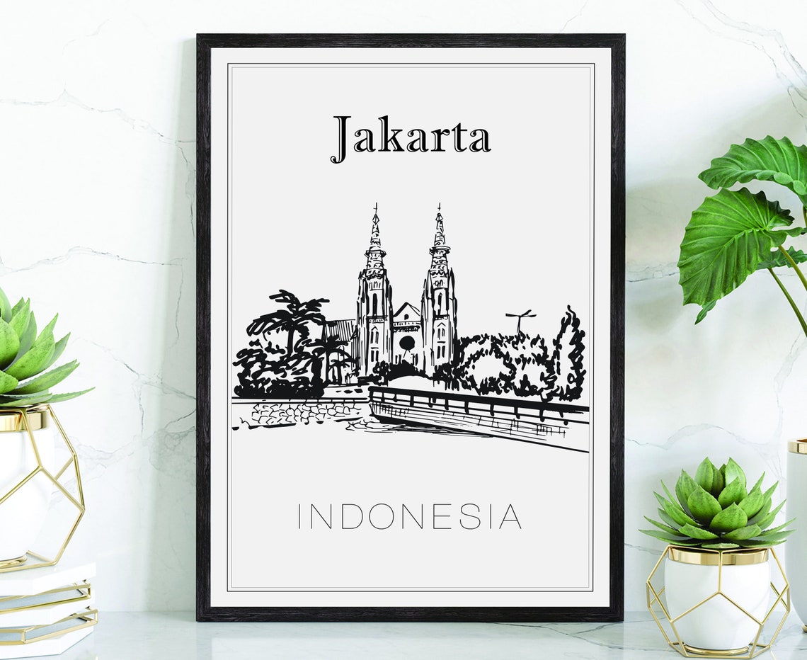 Hand Drawn Poster Jakarta Travel Poster Indonesia Jakarta Poster Wall Art Jakarta Cityscape And Landmark Map City Map Poster For Home