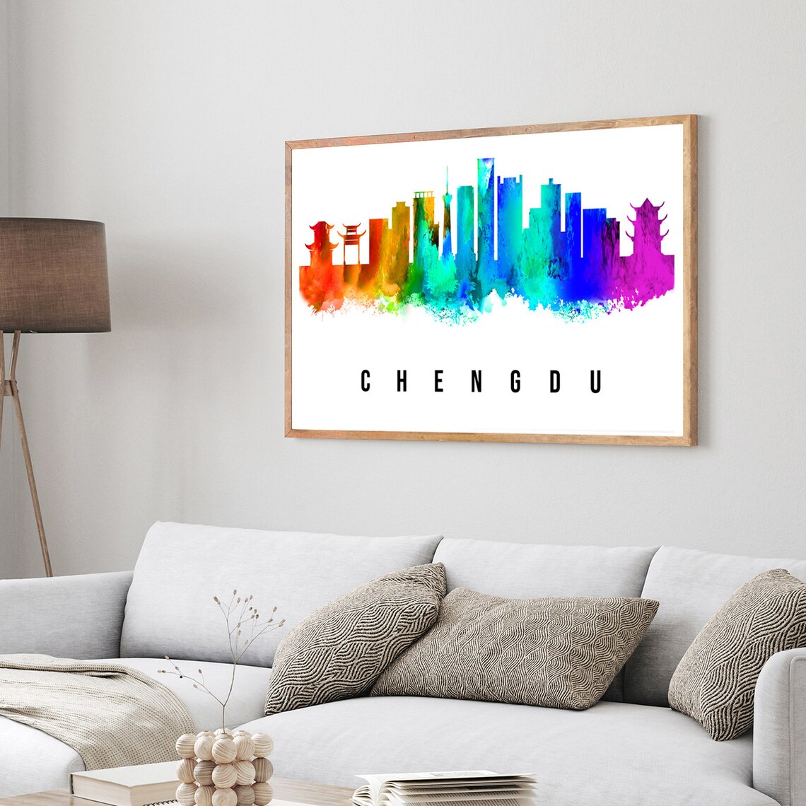 Chengdu China Rainbow Watercolor Skyline Pagodas Towers Wall Art - Image 3