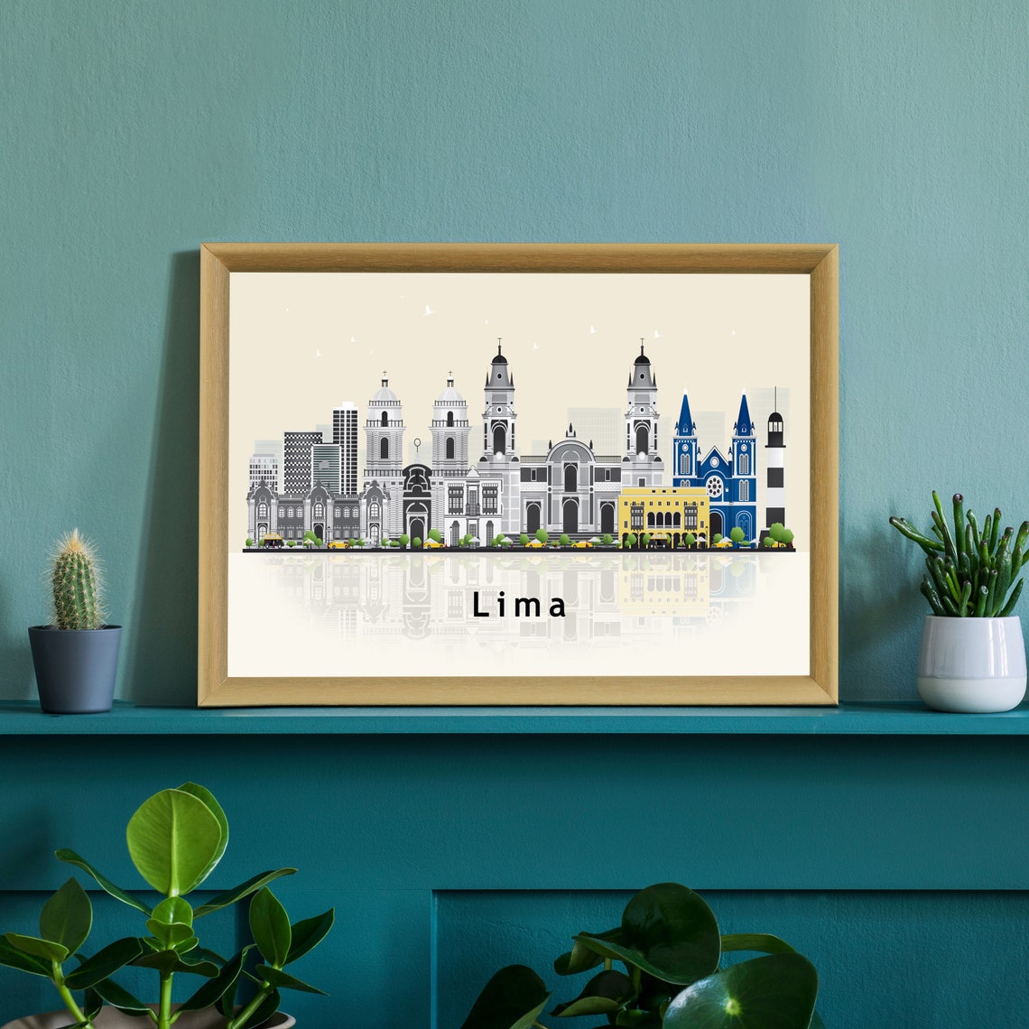 Lima Peru Blue Cathedral Spires Skyline Illustration Travel Poster - Image 2