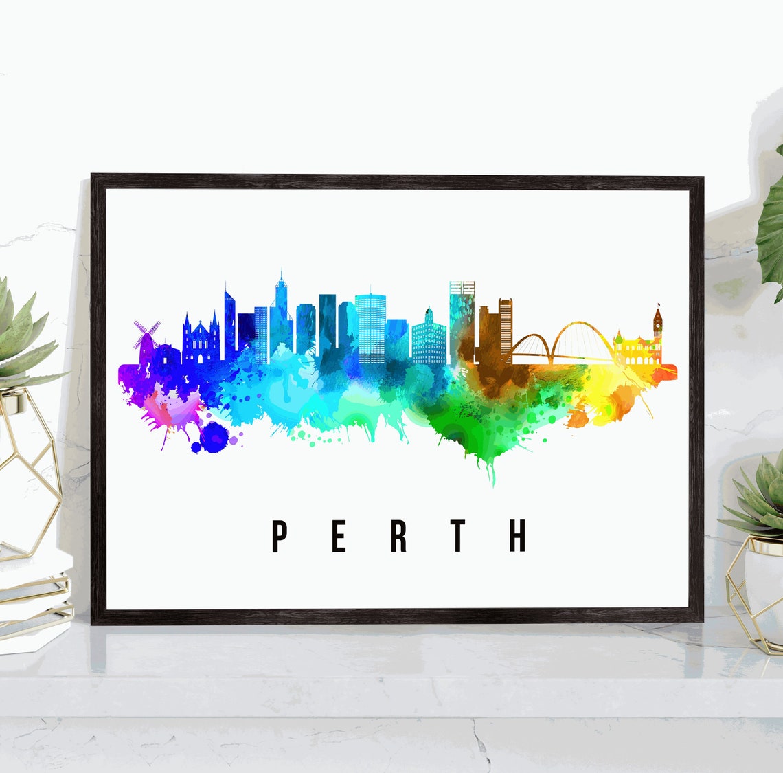 Perth Rainbow Watercolor Skyline Bridge City Art Travel Poster