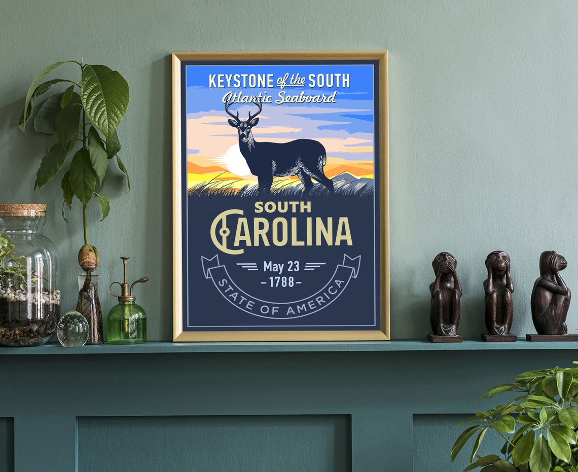 South Carolina Keystone of the South Deer Sunset Vintage Poster - Image 3