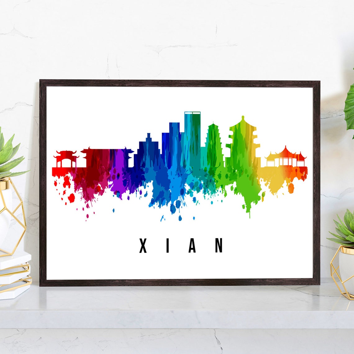 Xian China Pagoda Towers Rainbow Watercolor Skyline Travel Poster