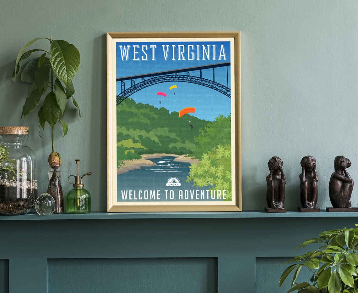 West Virginia Retro Travel Poster Mountain Road Guardrail Vintage - Image 3
