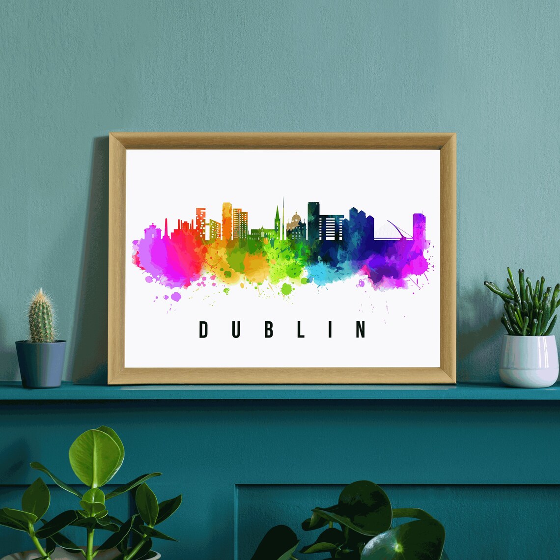 Dublin Ireland Rainbow Watercolor City Skyline Silhouette Art Poster - Image 3