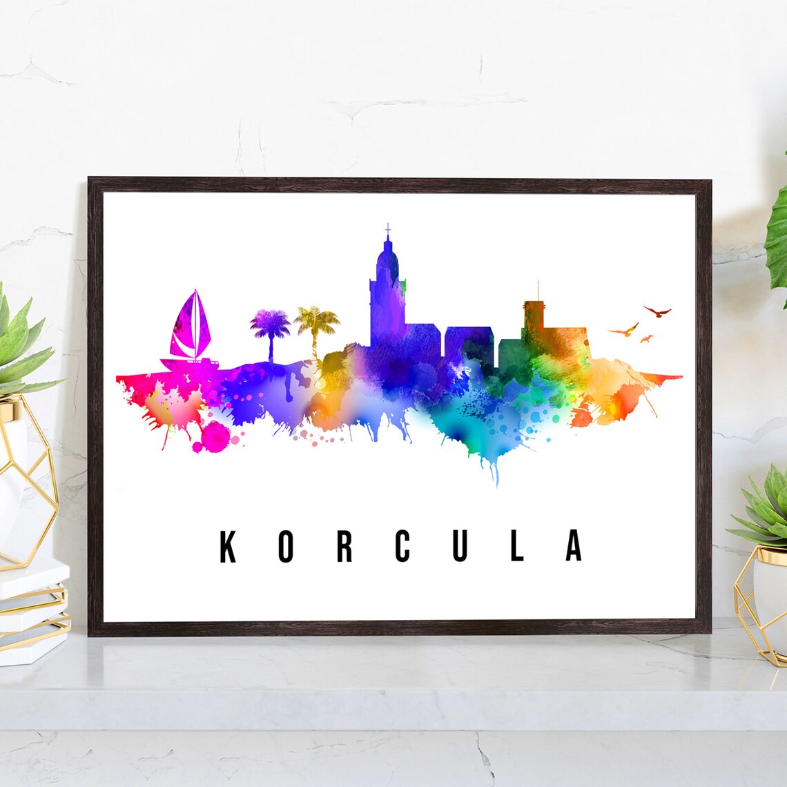 Korcula Croatia Adriatic Waterfront Watercolor Skyline Travel Poster