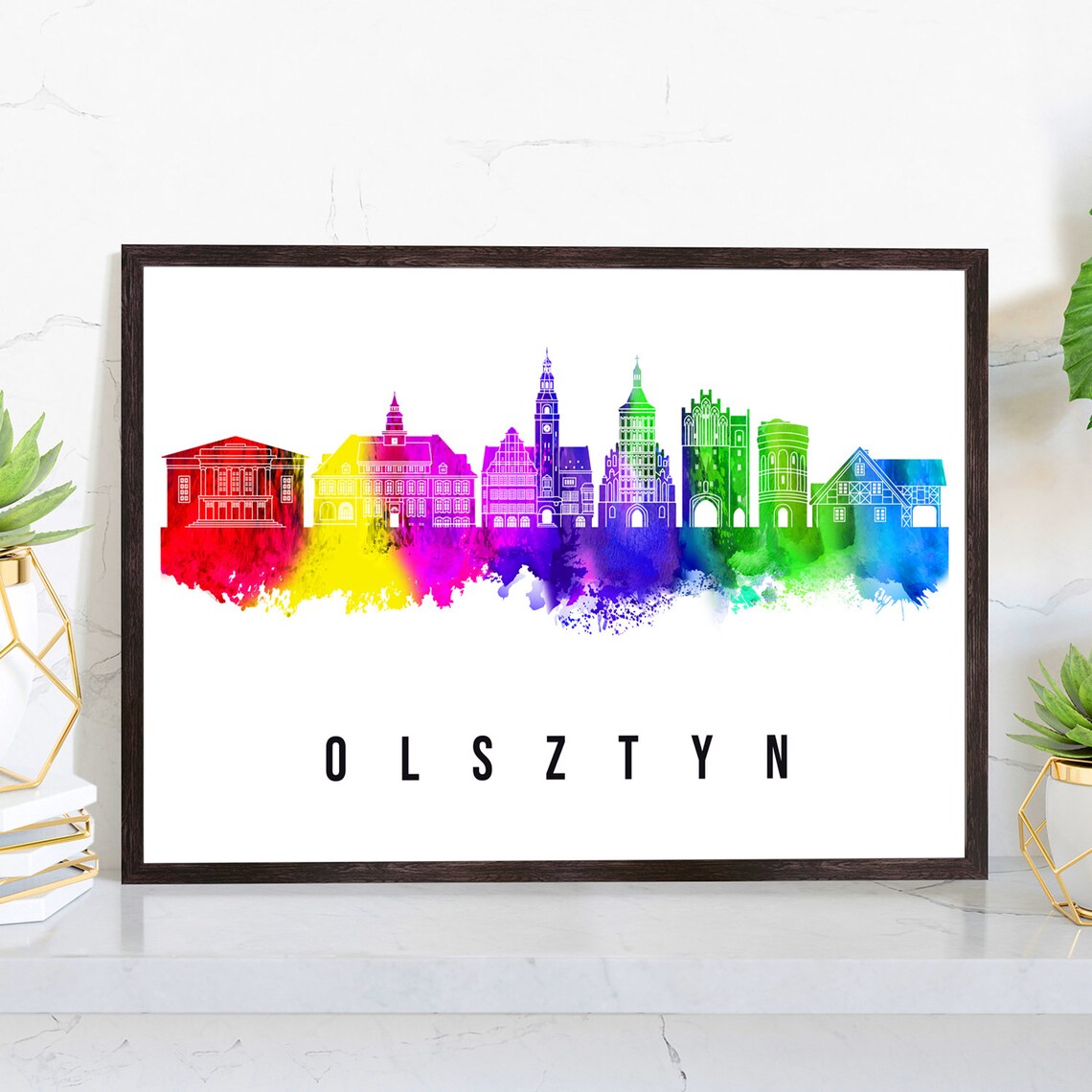 Olsztyn Poland Castle Church Towers Watercolor Skyline Poster