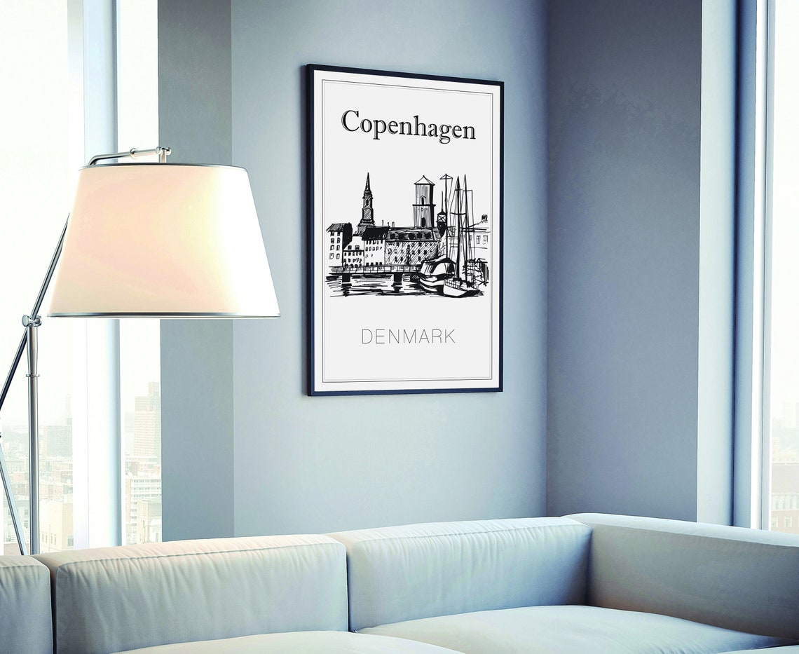 Copenhagen Denmark Hand Drawn Harbor Sketch Black White Line Poster - Image 4
