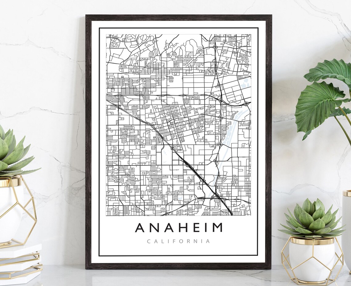 Anaheim California Black and White City Street Line Map Travel Poster