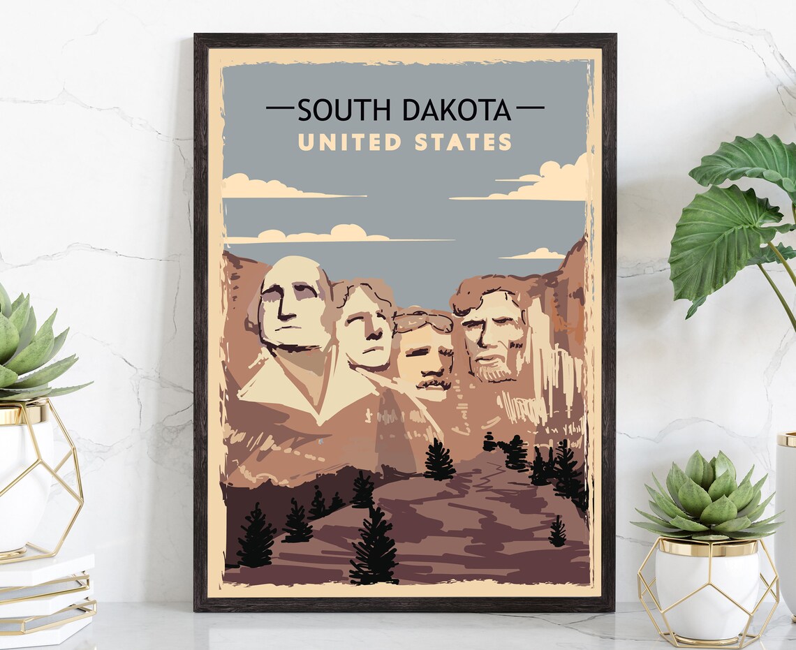 South Dakota Mount Rushmore Retro Vintage Travel Landmark Wall Poster