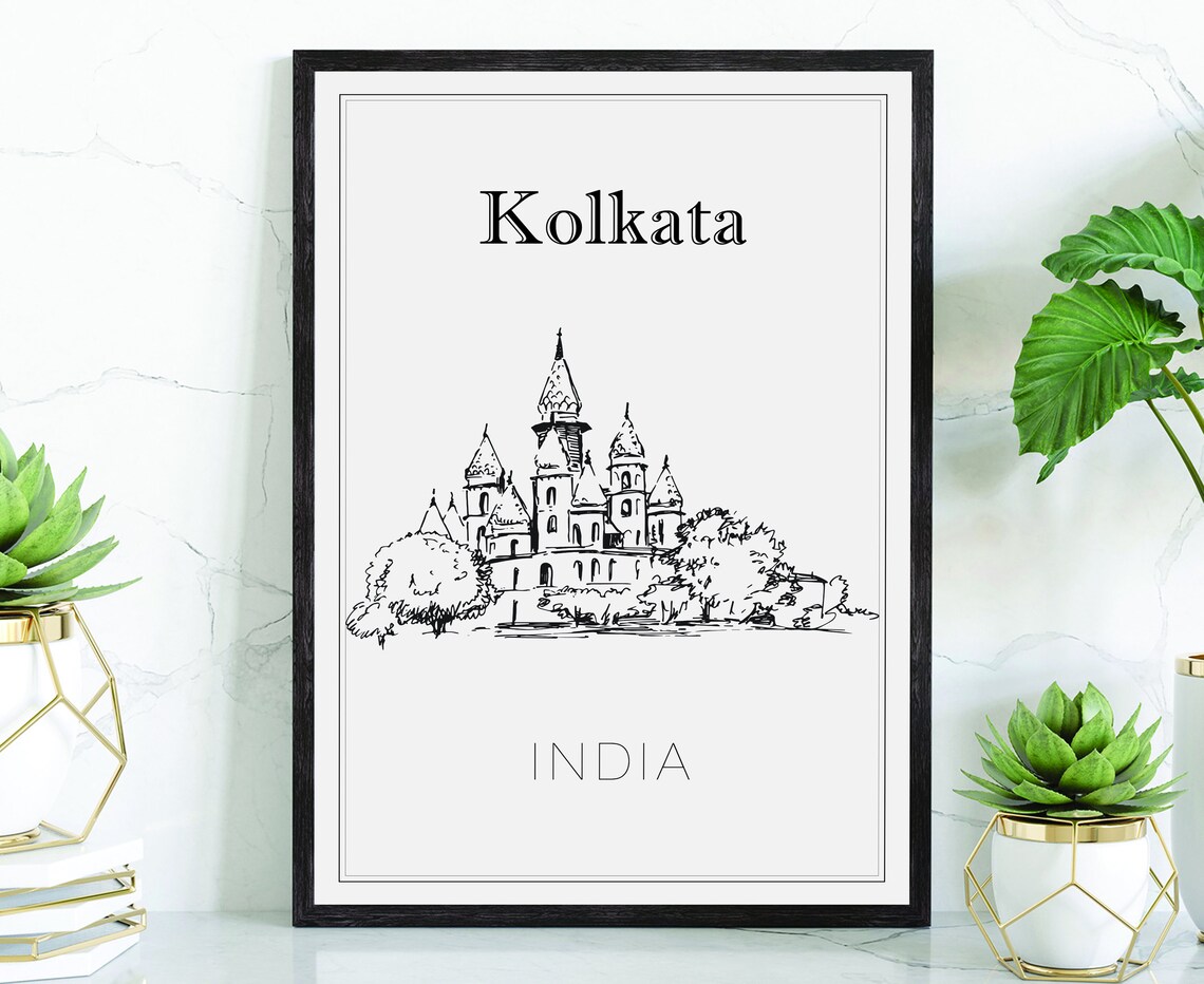Kolkata India Historic Domed Palace Hand Drawn Sketch Travel Poster