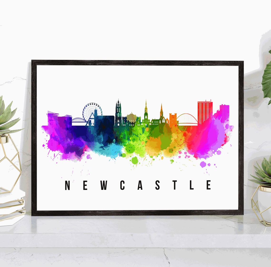 Newcastle England Rainbow Watercolor Skyline Silhouette Art Poster